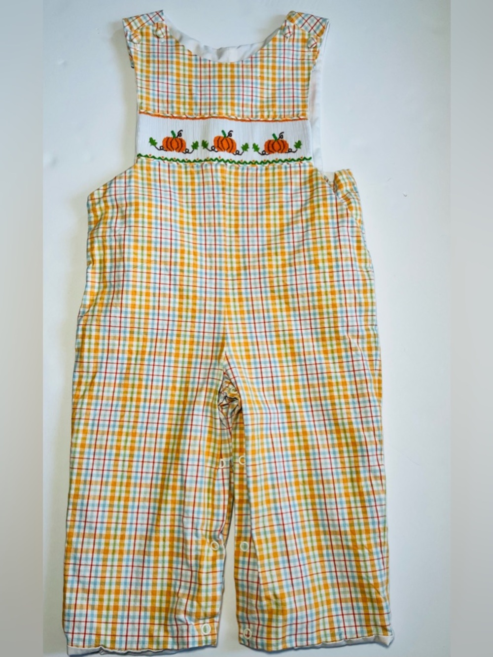 Stellybelly Boys Smocked Pumpkin Plaid Longall Overalls 2T-EUC ~Harvest~Photos